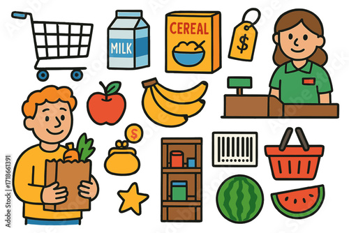 Colorful Grocery Adventure. Colorful Hand-drawn doodle Children illustration Grocery store shopping cart, milk carton, apple,