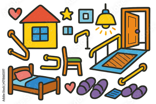 Colorful Safe Home Doodles. Safe home. Colorful Hand-drawn doodle Children illustration ramp, handrail, wide door, non-slip mat, light switch, bed, chair,