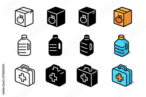 Aid Icon Set. Icon Set of Aid and Support: Food package, Water container, Medical kit. Icons set in vector style, emblematic variations. Food package line,