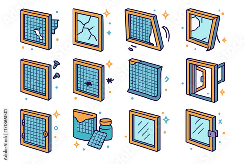 Broken Window Icons. Colorful isometric vector icons set of broken window screen issues: torn mesh, cracked windowpane, dangling frame, loose screws, insect