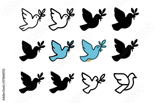 Cultural Dove Logos. Set Logo of religious myths and their cultural importance: dove with olive branch. Logo set in vector style,