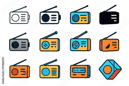 Portable Radio Logos. Set Logo of Portable Radio: Classic handheld radio. Logo set in vector style, emblematic variations. line, bold thick line, solid black