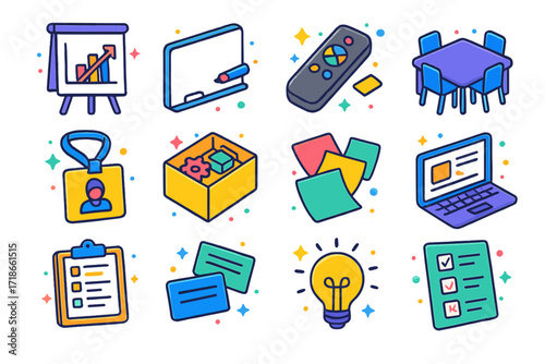 Isometric Workshop Icons. Colorful isometric vector icons set of educational workshops: flip chart, whiteboard with marker, presentation clicker, group table,