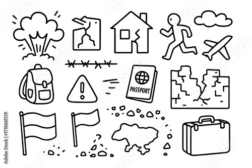 War and Displacement Icons. Hand-drawn doodle illustration [war and displacement] [explosion, house crack, person running, backpack, passport, plane, barbed