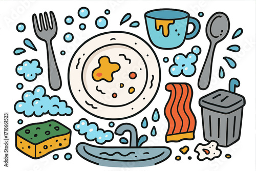 Colorful Kitchen Chaos. Dirty Dishes. Colorful Hand-drawn doodle Children illustration greasy plate, food crumbs, dirty fork, dirty spoon, stained cup, soap