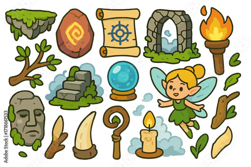 Whimsical Fantasy Elements. Colorful Hand-drawn doodle Children illustration Fantasy ruins floating stone, glowing rune, ancient scroll, cracked gate, magic