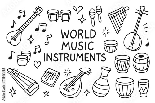 Global Music Instruments. Hand-drawn doodle illustration World music instruments [sitar, bongos, maracas, shamisen, pan flute, oud, djembe, tabla, guzheng,