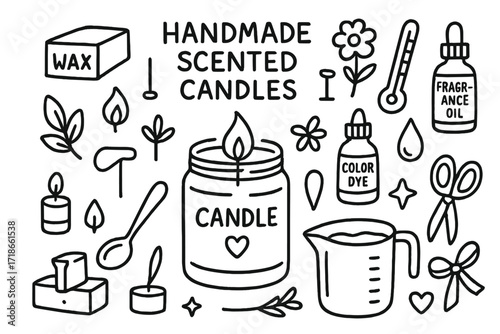 Candle Making Elements. Hand-drawn doodle illustration Handmade scented candles Candle jar, wax block, wick, fragrance oil, color dye, melting pot,