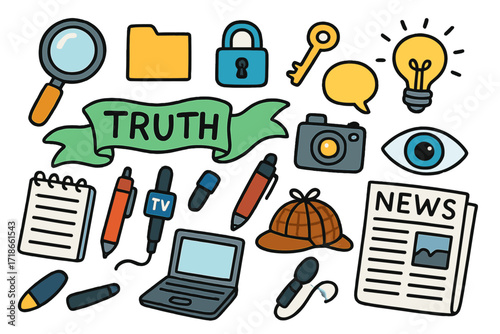 Investigative Journalism Icons. Colorful Hand-drawn doodle Children illustration Investigative journalism [magnifying glass, file folder, lock, key, notepad,