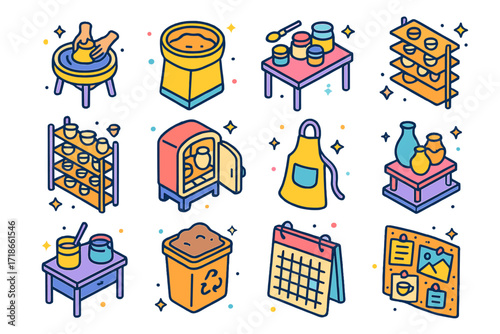 Artisan Pottery Icons. Colorful isometric vector icons set of artisan pottery studio: wheel station, clay storage bin, glazing