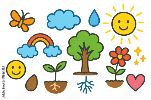 Colorful Growth Doodle. Colorful Hand-drawn doodle Children illustration Plant Growth [seed, sprout, root, leaf, tree, flower, sun, cloud, rainbow, water drop,