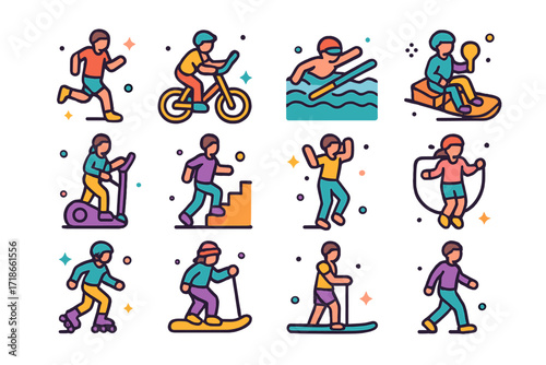 Activity Icons Set. Colorful isometric vector icons set of smartwatch activity types: running, cycling, swimming, rowing, elliptical training, stair climbing,