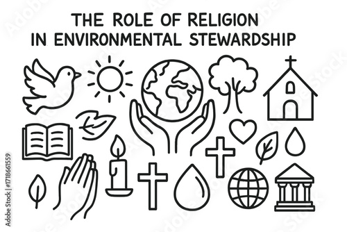 Religion and Nature Icons. Hand-drawn doodle illustration The role of religion in environmental stewardship earth, hands, tree,