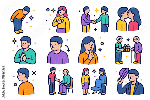 Cultural Gesture Icons. Colorful isometric vector icons set of cultural conversation gestures: bowing, hand on heart, handshake, cheek kiss, namaste, nodding,