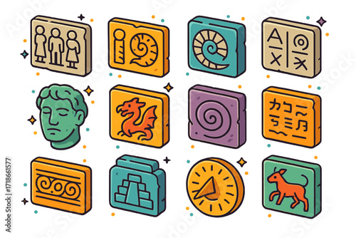 Isometric Ancient Icons. Colorful isometric vector icons set of ancient carvings and details: stone relief, wall engraving, fossil