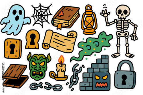 Colorful Dungeon Doodles. Colorful Hand-drawn doodle Children illustration Haunted dungeon ghost, cobweb, old book, lantern,