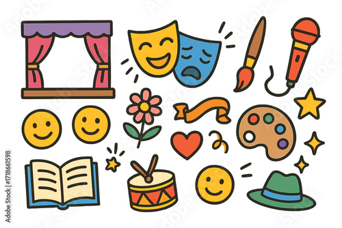 Creative Expression Icons. Colorful Hand-drawn doodle Children illustration Creative Expression stage, comedy mask, tragedy mask, microphone, paintbrush,