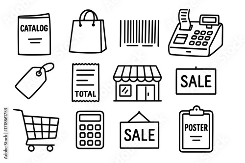 Retail Doodle Icons. Retail. Hand-drawn doodle illustration catalog, shopping bag, barcode, cash register, price tag, receipt, store building, cart,