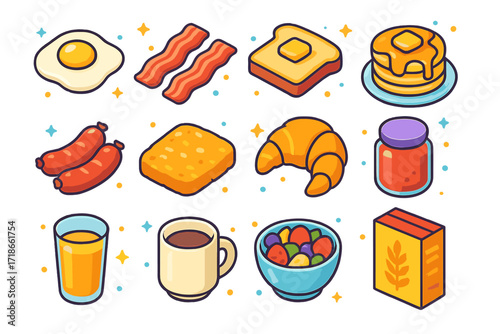 Colorful Breakfast Icons. Colorful isometric vector icons set of classic breakfast items: fried egg, bacon strips, buttered toast, pancakes with syrup, sausage
