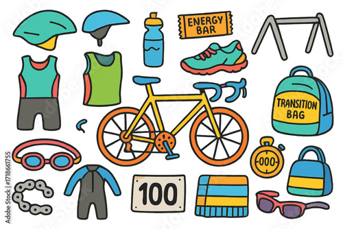 Triathlon Gear Doodle. Colorful Hand-drawn doodle Children illustration Triathlon Gear triathlon bike, aero helmet, tri suit, water bottle, energy bar, running