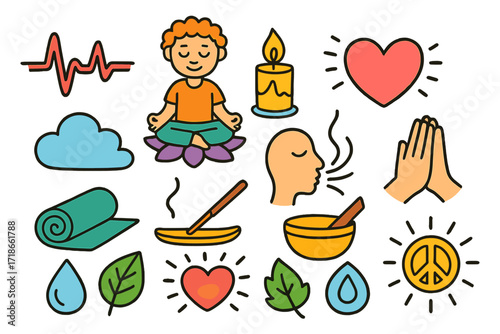 Joyful Meditation Symbols. Colorful Hand-drawn doodle Children illustration Heartbeat and meditation lotus pose, calm face, candle, soft heart wave, soft