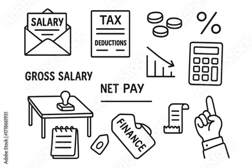 Tax Deduction Doodles. Hand-drawn doodle illustration salary and tax deductions envelope icon, tax paper, coins, deduction line, percentage symbol, calculator,