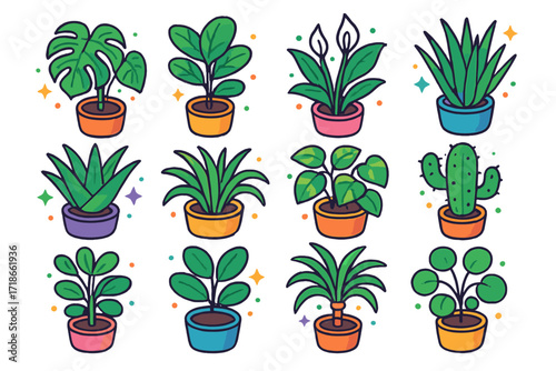 Colorful Houseplant Icons. Colorful isometric vector icons set of common houseplants: monstera, fiddle leaf fig, peace lily, snake plant, aloe vera, spider