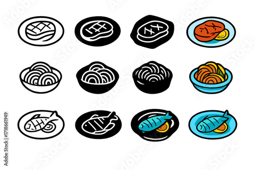 Main Course Icons. Icon Set of Main Courses: Steak plate, Pasta bowl, Grilled fish. Icons set in vector style, emblematic variations. Steak plate line, Steak