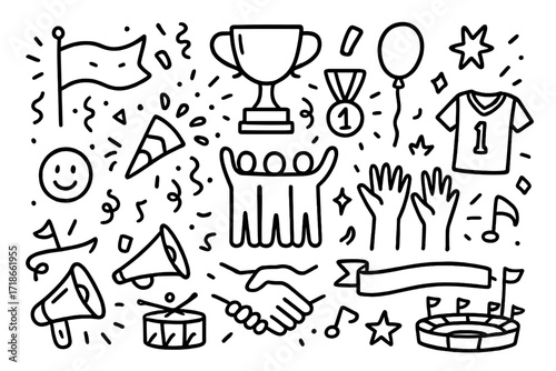 Team Celebration Icons. Hand-drawn doodle illustration winning team celebration trophy, medal, flag, confetti, balloon, star, handshake, raised hands, jersey,