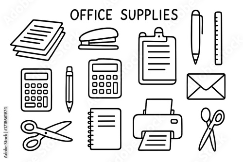 Office Supplies Doodle. Office Supplies. Hand-drawn doodle illustration catalog, paper stack, stapler, pen, pencil, ruler, calculator, clipboard, envelope,