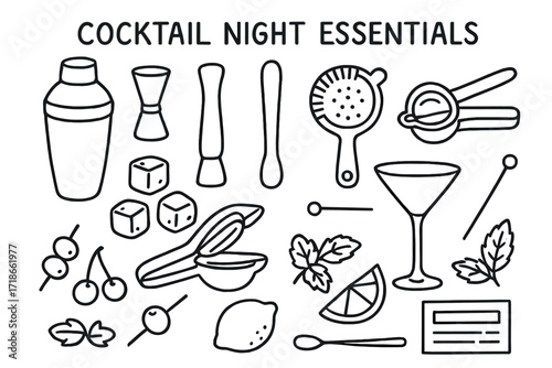 Cocktail Night Essentials. Cocktail night essentials. Hand-drawn doodle illustration cocktail night essentials cocktail shaker, jigger, muddler, strainer, bar