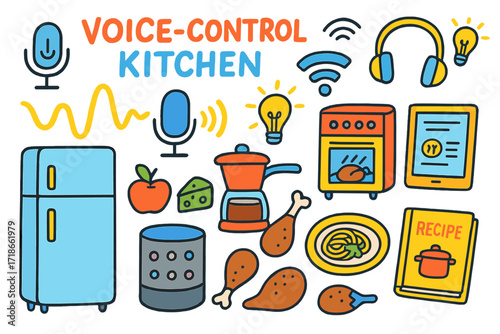 Voice-Controlled Kitchen Wonderland. Voice-Control Kitchen. Colorful Hand-drawn doodle Children illustration smart speaker, microphone symbol, voice command
