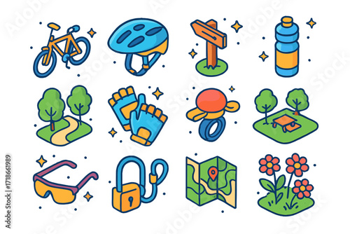 Cycling Essentials Icons. Colorful isometric vector icons set of cycling in the park: city bike, bike helmet, park trail sign,