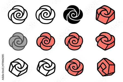 Sushi Garnish Logo Variations. Set Logo of Sushi Garnish: Pickled ginger rose. Logo set in vector style, emblematic variations. line, bold thick line, solid