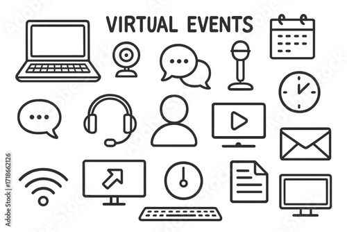 Virtual Event Doodles. Hand-drawn doodle illustration Virtual events [laptop, webcam, calendar, microphone, chat bubble, headset, video call icon, clock,