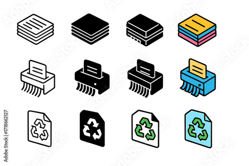 Paper Recycling Icons. Icon Set of Paper recycling: newspaper stack, paper shredder, recycled paper sheet. Icons set in vector