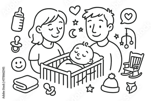 Parent-Child Doodle Scene. Hand-drawn doodle illustration Parents gazing at baby [baby, mom, dad, heart icon, crib, baby bottle, pacifier, blanket, smiley