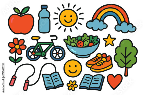 Healthy Commute Doodles. Colorful Hand-drawn doodle Children illustration healthy commute apple, water bottle, bicycle, shoes,