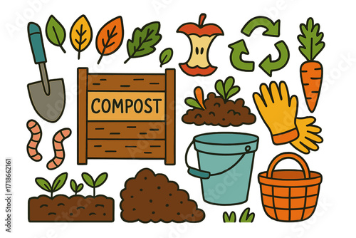 Colorful Composting Doodles. Composting. Colorful Hand-drawn doodle Children illustration Composting compost bin, leaves, apple core, shovel, worms, soil,
