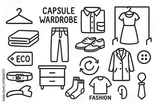 Minimalist Wardrobe Icons. Hand-drawn doodle illustration Capsule wardrobe hanger, folded shirt, pants, shoes, simple dress,