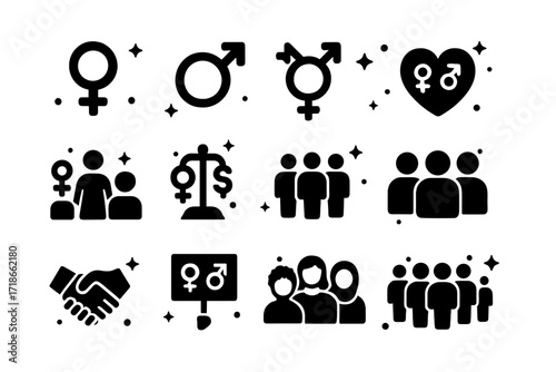 Gender Symbol Icons. Gender Equality. Solid icons set of female symbol, male symbol, gender-neutral symbol, equal pay, diverse