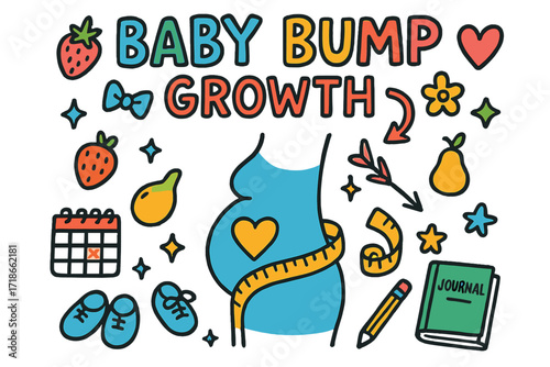 Baby Bump Journey. Baby Bump Growth. Colorful Hand-drawn doodle Children illustration belly outline, tape measure, heart, arrow, fruit icons, calendar, bow,