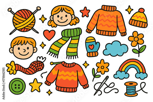 Knitted Doodle Delight. Colorful Hand-drawn doodle Children illustration Knitted Sweaters yarn ball, knitting needles, sweater,