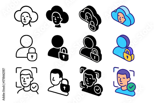 Data Security Icons. Icon Set of Data Security: Cloud face login, Encrypted profile, Multi-factor face scan. Icons set in vector