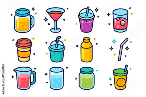 Colorful Drinkware Icons. Colorful isometric vector icons set of refreshing drinkware: mason jar with handle, cocktail glass, highball glass, tumbler, paper