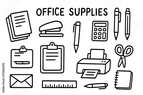 Office Supplies Doodle. Office Supplies. Hand-drawn doodle illustration catalog, paper stack, stapler, pen, pencil, ruler, calculator, clipboard, envelope,