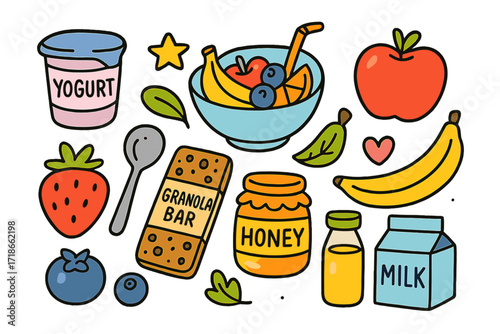 Colorful Healthy Snacks. Healthy treats. Colorful Hand-drawn doodle Children illustration yogurt cup, fruit bowl, smoothie, apple, banana,