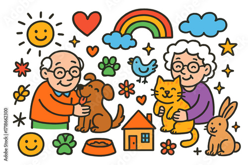 Happy Pets with Seniors. Colorful Hand-drawn doodle Children illustration Happy Pets with Seniors [dog, cat, rabbit, bird, paw