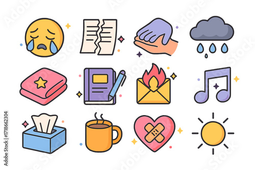 Emotional Icon Collection. Colorful isometric vector icons set of emotional catharsis: crying face, ripped paper, comforting hand, rain cloud, soft blanket,