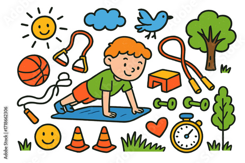 Children's Fitness Doodle. Colorful Hand-drawn doodle Children illustration fitness training push-up mat, resistance band, ball,